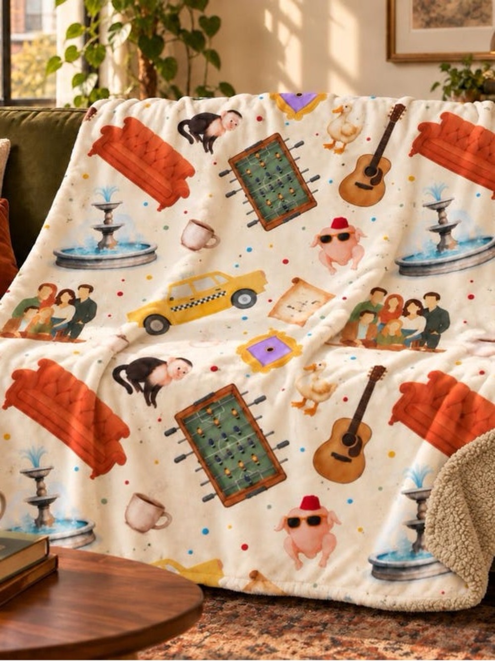 Cream Icon-Print Plush Throw Blanket with Multicolor Motifs